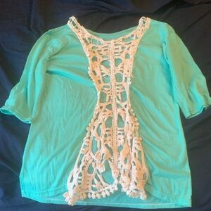 Teal Top with Cream Crochet Detail